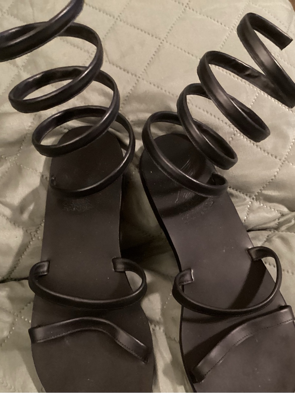 Ancient Greek Sandals Black Spiral Ankle Strap Flats